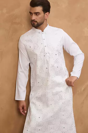 Men white silk blend solid embroidered straight kurta
