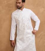 Men white silk blend solid embroidered straight kurta