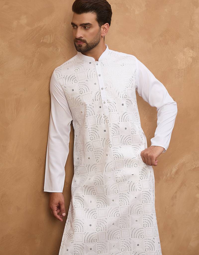 Men white silk blend solid embroidered straight kurta