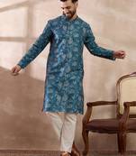 Men blue silk blend printed mandarin collar straight kurta with trouser