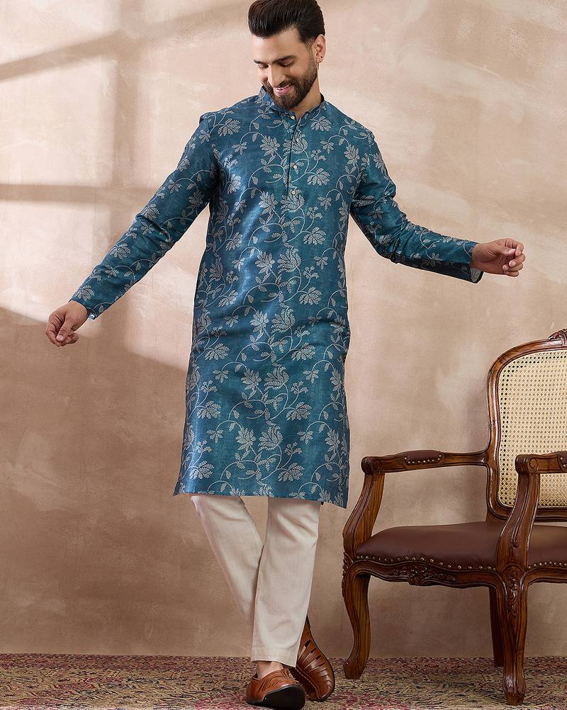 Men blue silk blend printed mandarin collar straight kurta with trouser
