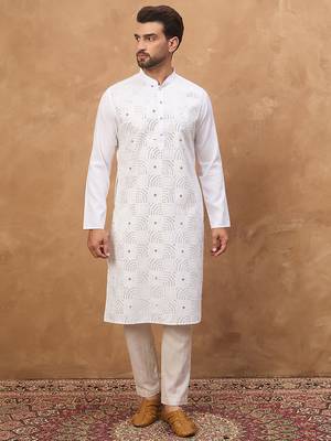 Men white silk blend solid embroidered straight kurta 3