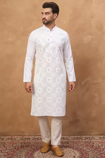 Men white silk blend solid embroidered straight kurta