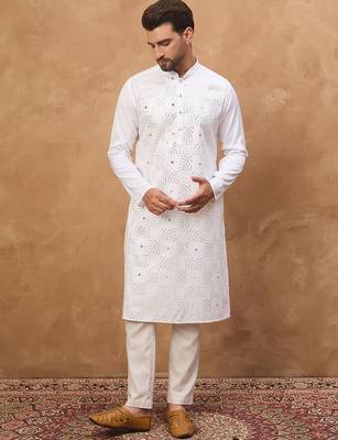 Men white silk blend solid embroidered straight kurta 1