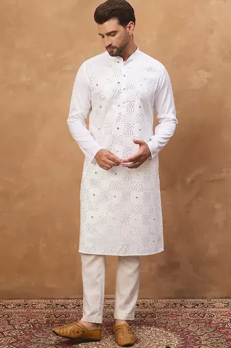 Men white silk blend solid embroidered straight kurta