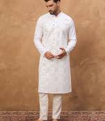 Men white silk blend solid embroidered straight kurta