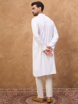 Men white silk blend solid embroidered straight kurta 4