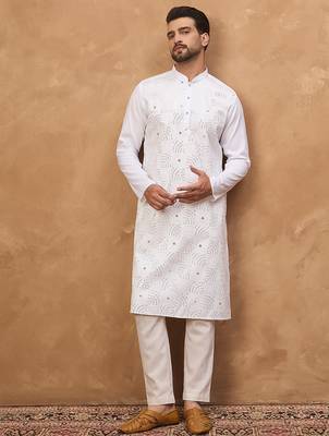 Men white silk blend solid embroidered straight kurta 5