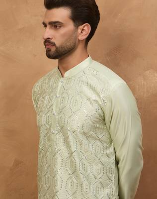 Men peach silk blend solid embroidered straight kurta 1