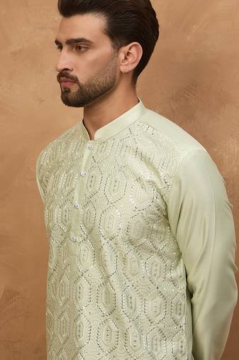 Men peach silk blend solid embroidered straight kurta