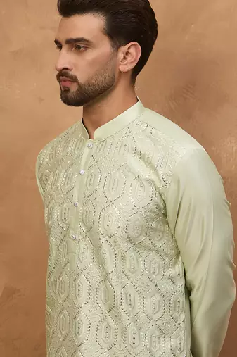 Men peach silk blend solid embroidered straight kurta