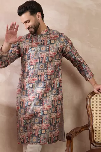 Men multi silk blend printed mandarin collar straight kurta with trouser