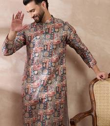 Men multi silk blend printed mandarin collar straight kurta with trouser