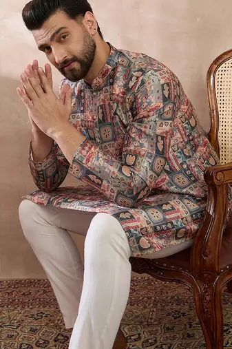 Men multi silk blend printed mandarin collar straight kurta with trouser