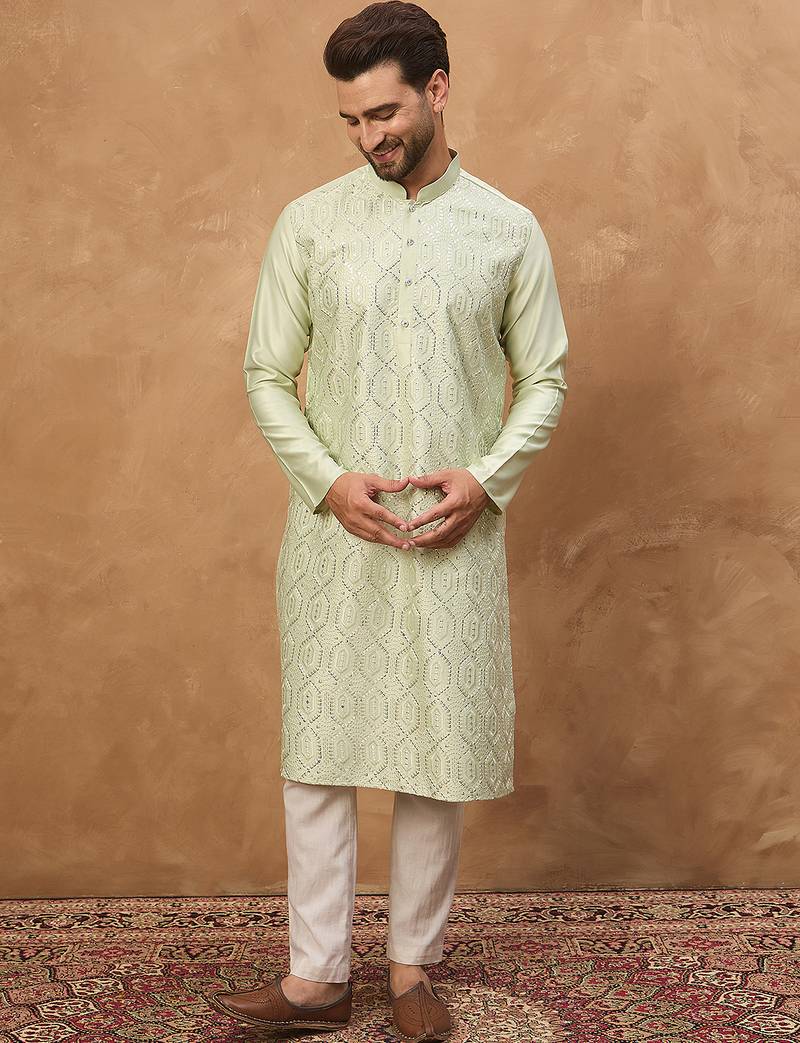 Men peach silk blend solid embroidered straight kurta