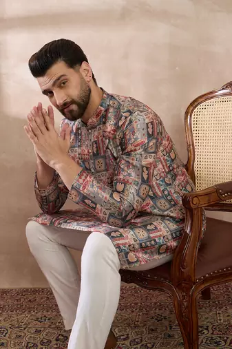 Men multi silk blend printed mandarin collar straight kurta with trouser