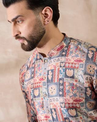 Men multi silk blend printed mandarin collar straight kurta with trouser 2