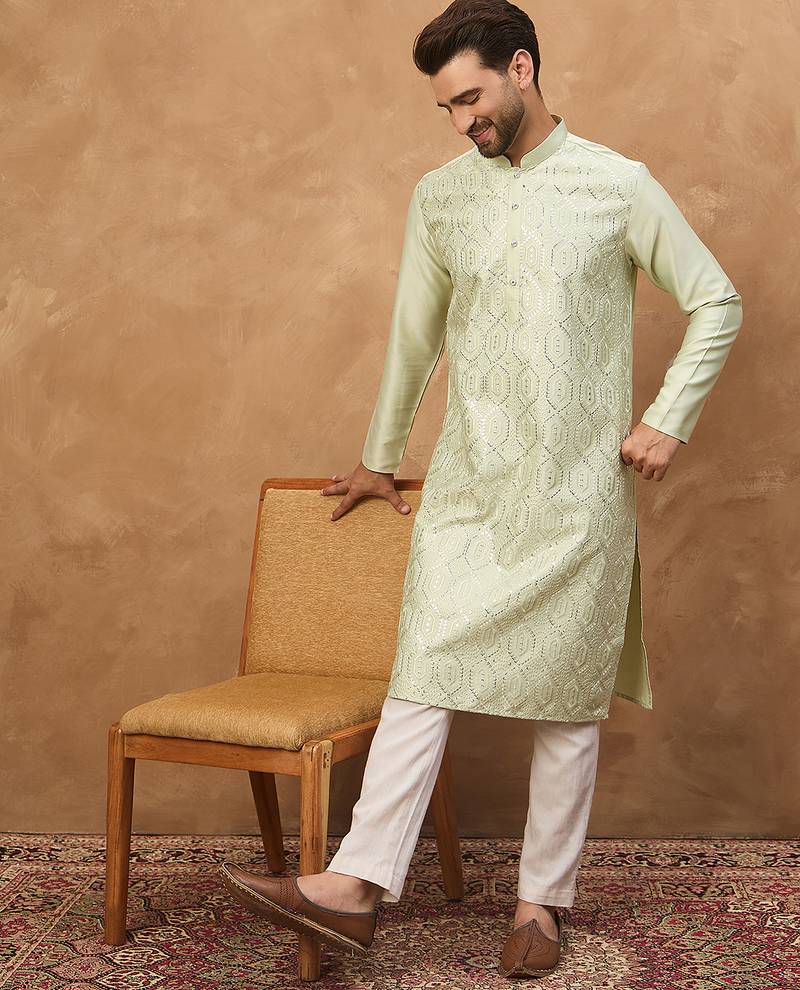 Men peach silk blend solid embroidered straight kurta