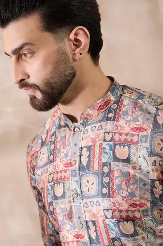 Men multi silk blend printed mandarin collar straight kurta with trouser