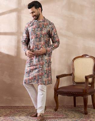 Men multi silk blend printed mandarin collar straight kurta with trouser 3