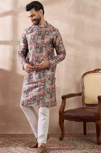 Men multi silk blend printed mandarin collar straight kurta with trouser
