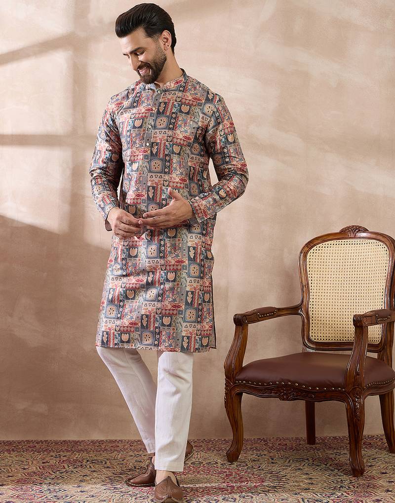 Men multi silk blend printed mandarin collar straight kurta with trouser