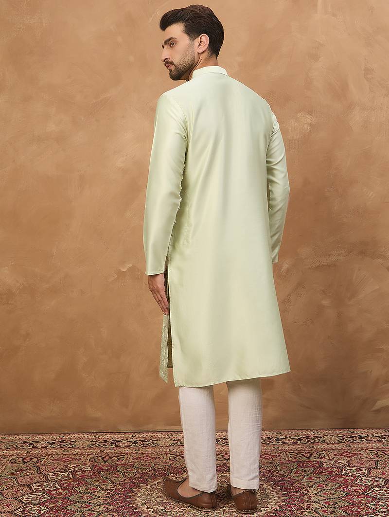 Men peach silk blend solid embroidered straight kurta