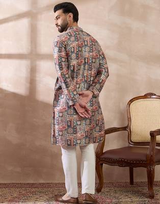 Men multi silk blend printed mandarin collar straight kurta with trouser 4