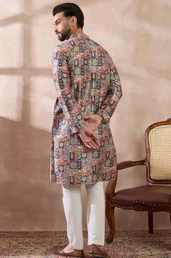 Men multi silk blend printed mandarin collar straight kurta with trouser