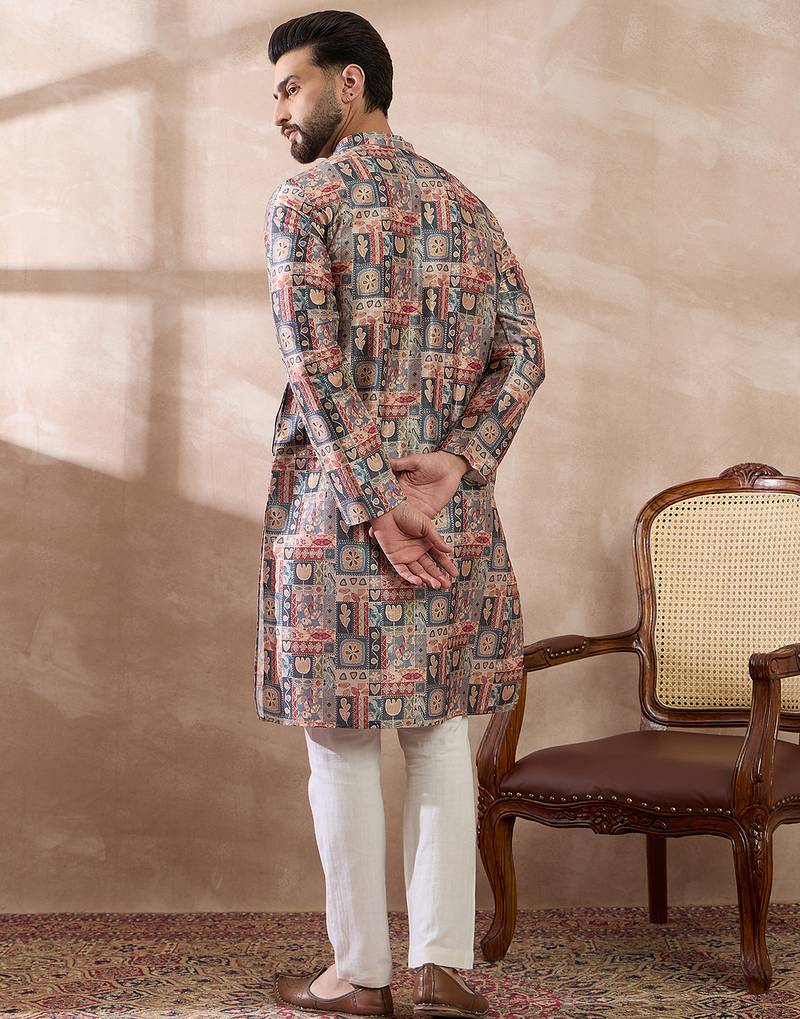 Men multi silk blend printed mandarin collar straight kurta with trouser