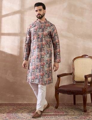 Men multi silk blend printed mandarin collar straight kurta with trouser 5