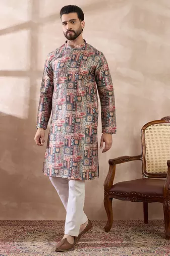 Men multi silk blend printed mandarin collar straight kurta with trouser