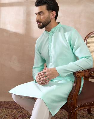 Men teal polyester woven design mandarin collar straight kurta with trouser 1