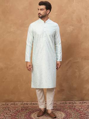 Men blue silk blend solid embroidered straight kurta 1