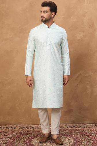 Men blue silk blend solid embroidered straight kurta