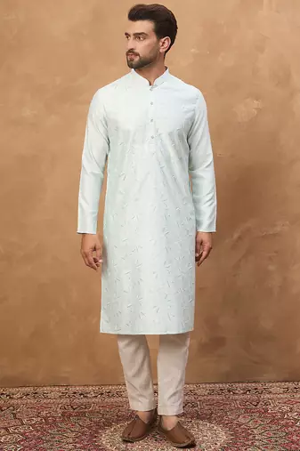 Men blue silk blend solid embroidered straight kurta