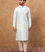 Men blue silk blend solid embroidered straight kurta