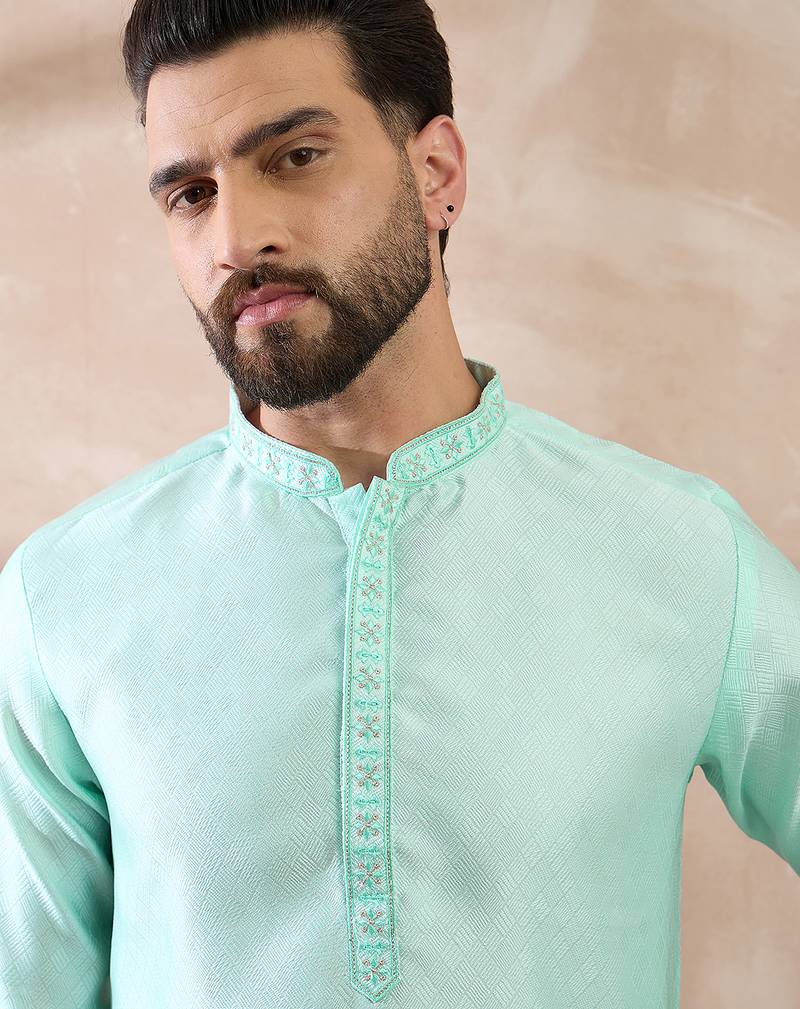 Men teal polyester woven design mandarin collar straight kurta with trouser