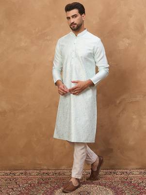 Men blue silk blend solid embroidered straight kurta 2