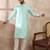 Men teal polyester woven design mandarin collar straight kurta with trouser