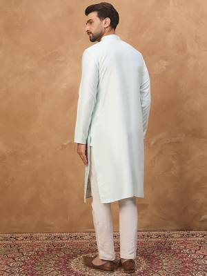Men blue silk blend solid embroidered straight kurta 3