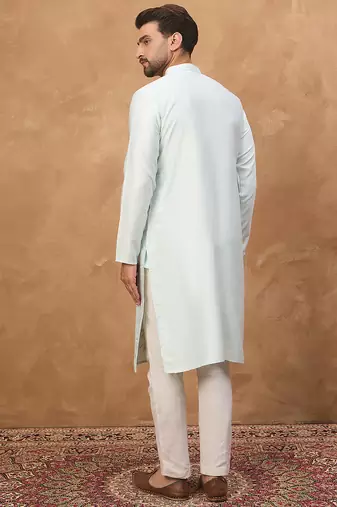 Men blue silk blend solid embroidered straight kurta