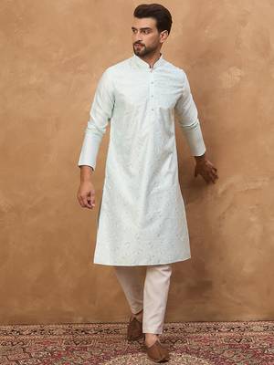 Men blue silk blend solid embroidered straight kurta 4