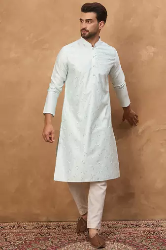 Men blue silk blend solid embroidered straight kurta