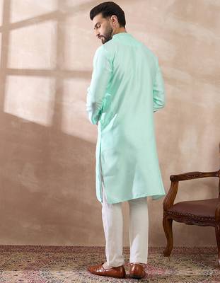 Men teal polyester woven design mandarin collar straight kurta with trouser 4