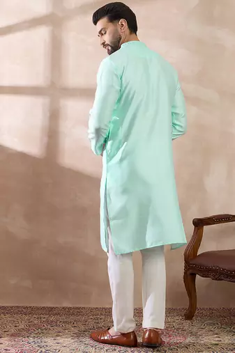 Men teal polyester woven design mandarin collar straight kurta with trouser