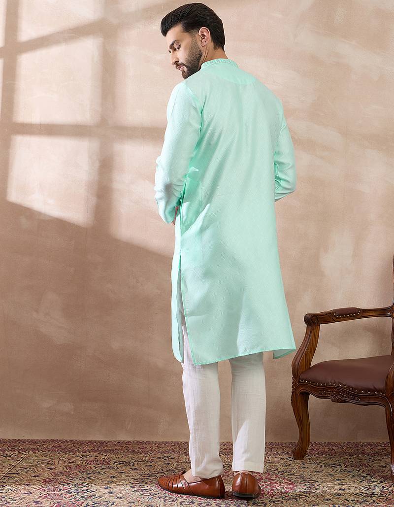 Men teal polyester woven design mandarin collar straight kurta with trouser