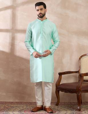 Men teal polyester woven design mandarin collar straight kurta with trouser 5