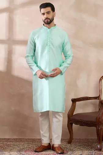 Men teal polyester woven design mandarin collar straight kurta with trouser