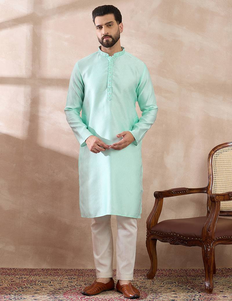 Men teal polyester woven design mandarin collar straight kurta with trouser